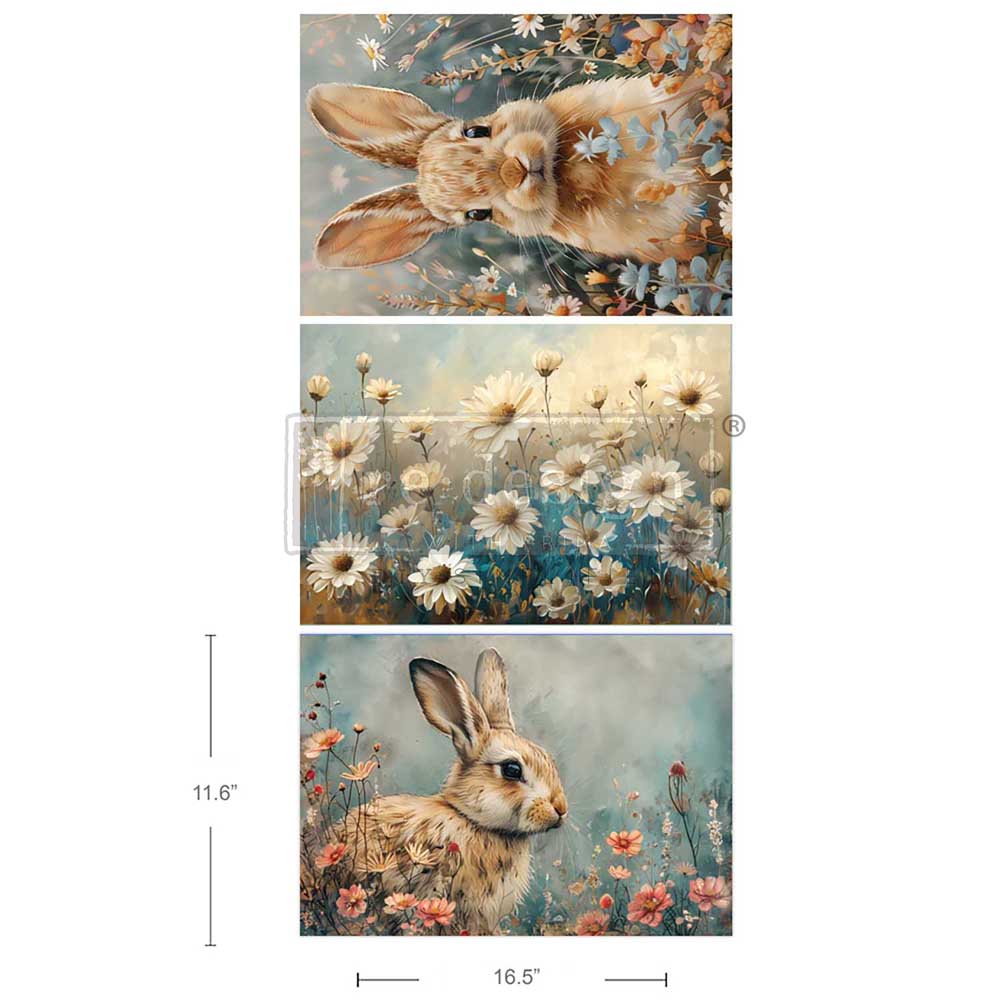 Redesign A3 Decoupage Fibre Paper Pack of 3 - GARDEN BUNNY TALES (29.7cm x 41.9cm) - Rustic Farmhouse Charm