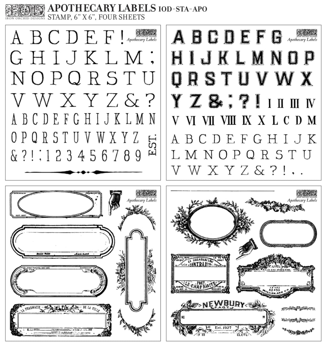 NEW! APOTHECARY LABELS Stamp Set by IOD (4x 6"x6", 15.24cm x 15.24cm) - Rustic Farmhouse Charm