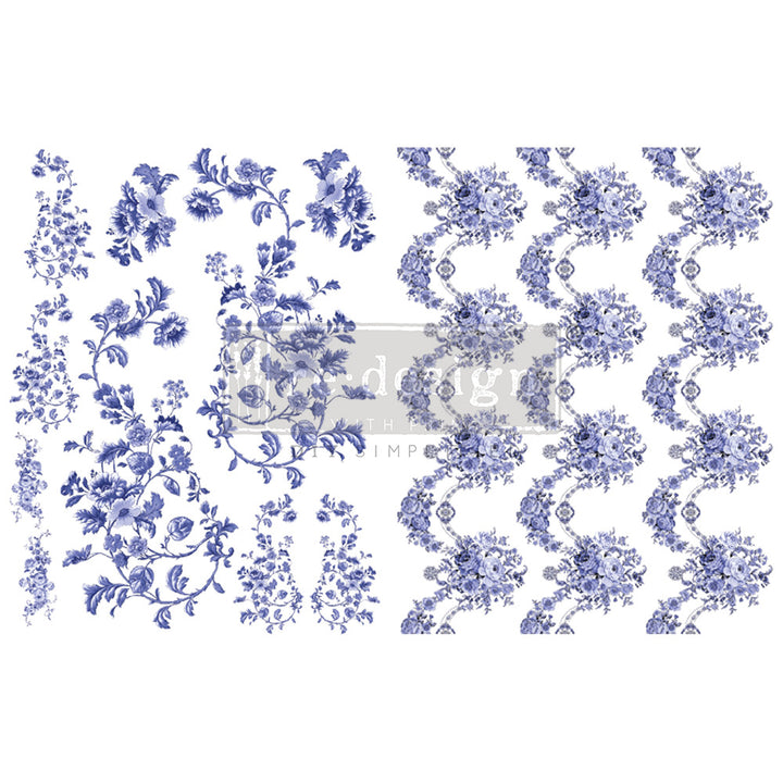 Redesign H20 Transfer - AZURE FLORALS II (2 sheets, each 21.59cm x 27.94cm) - Rustic Farmhouse Charm