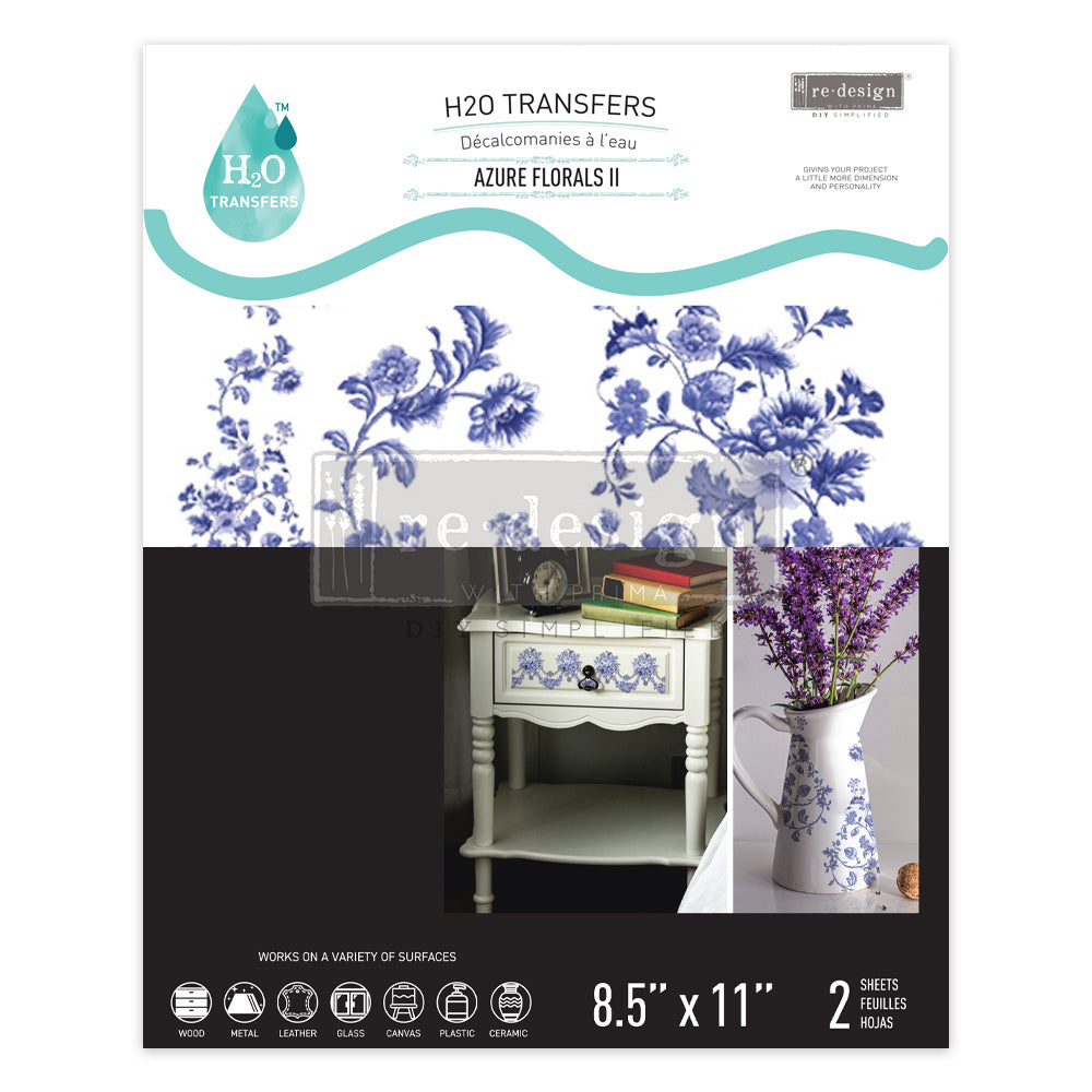 Redesign H20 Transfer - AZURE FLORALS II (2 sheets, each 21.59cm x 27.94cm) - Rustic Farmhouse Charm