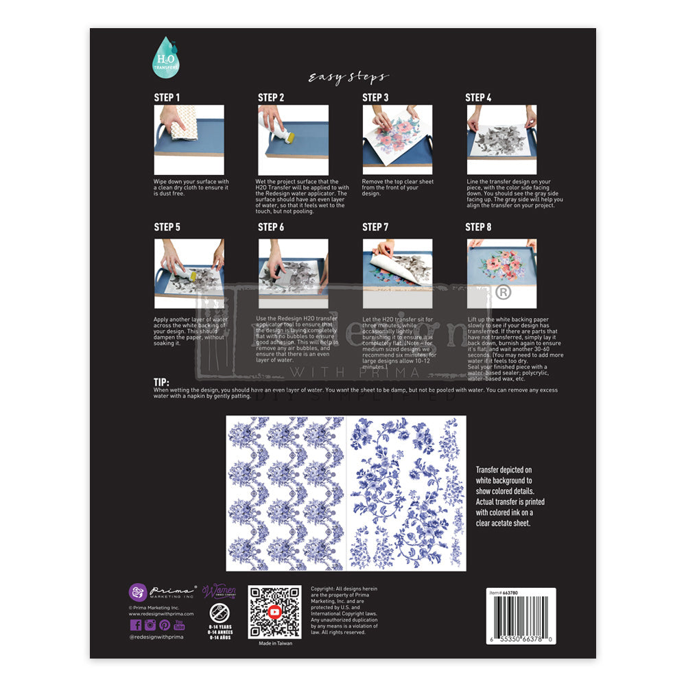 Redesign H20 Transfer - AZURE FLORALS II (2 sheets, each 21.59cm x 27.94cm) - Rustic Farmhouse Charm