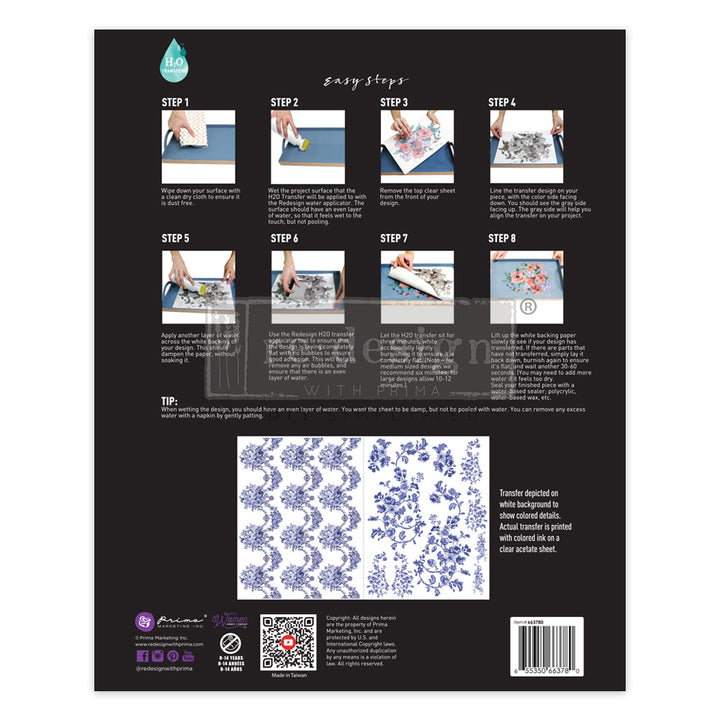 Redesign H20 Transfer - AZURE FLORALS II (2 sheets, each 21.59cm x 27.94cm) - Rustic Farmhouse Charm