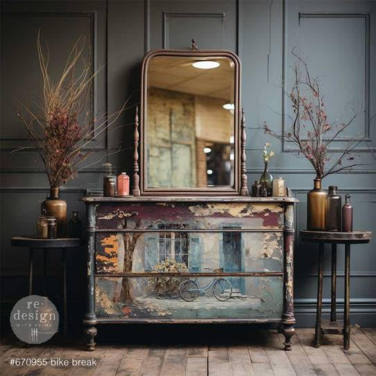 Redesign Decoupage Tissue Paper Pack - BIKE BREAK (3 sheets, each 49.53cm x 76.2cm) - Rustic Farmhouse Charm