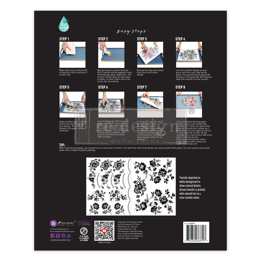 Redesign H20 Transfer - BLOSSOMY (2 sheets, each 21.59cm x 27.94cm) - Rustic Farmhouse Charm