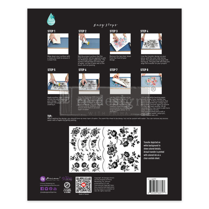 Redesign H20 Transfer - BLOSSOMY (2 sheets, each 21.59cm x 27.94cm) - Rustic Farmhouse Charm