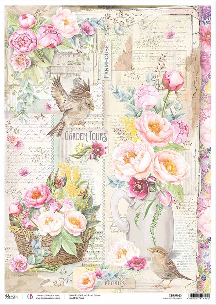 Ciao Bella Rice Paper - BOUQUET OF PEONIES (A3) - Rustic Farmhouse Charm