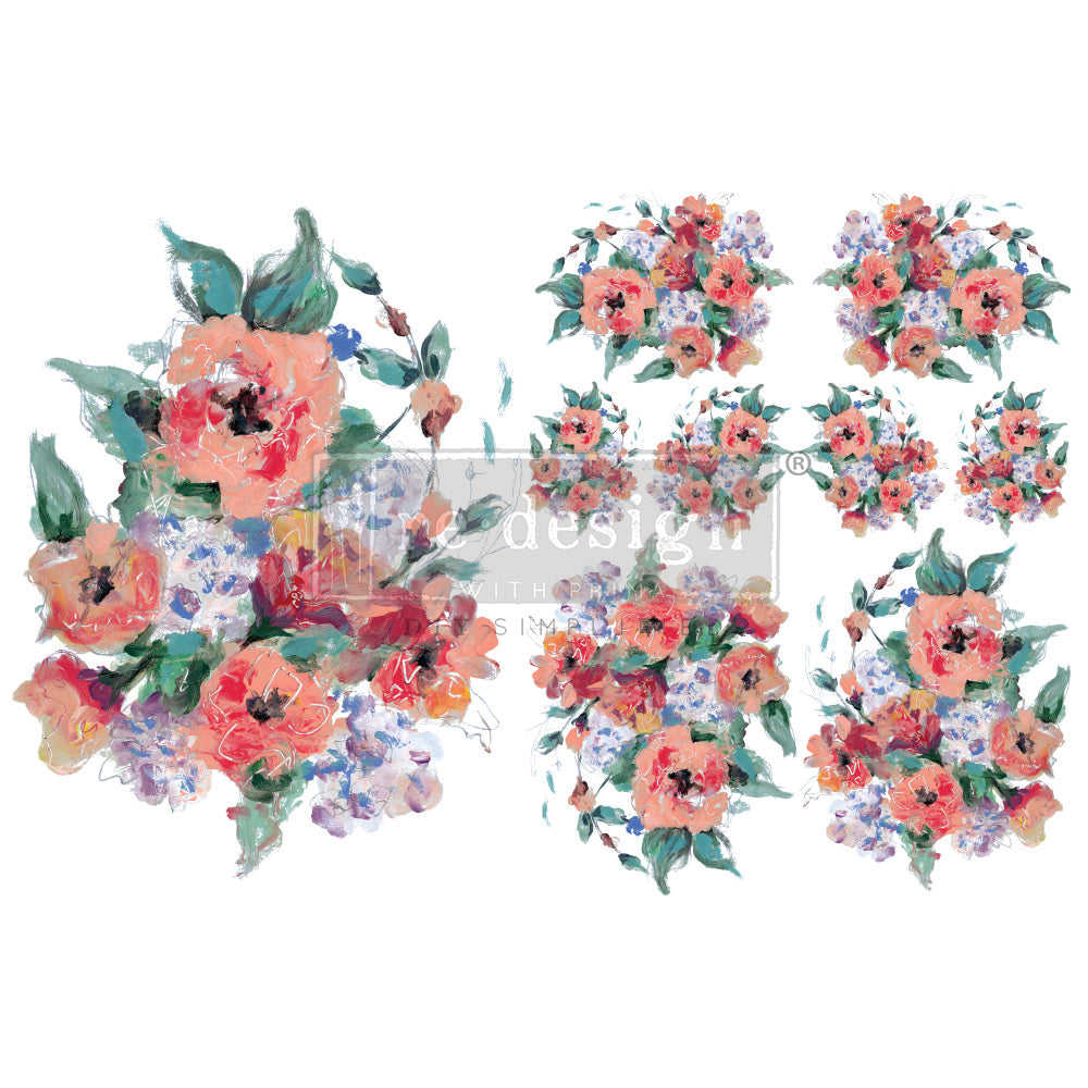 Redesign H20 Transfer - BRILLIANT BLOOMS (2 sheets, each 21.59cm x 27.94cm) - Rustic Farmhouse Charm