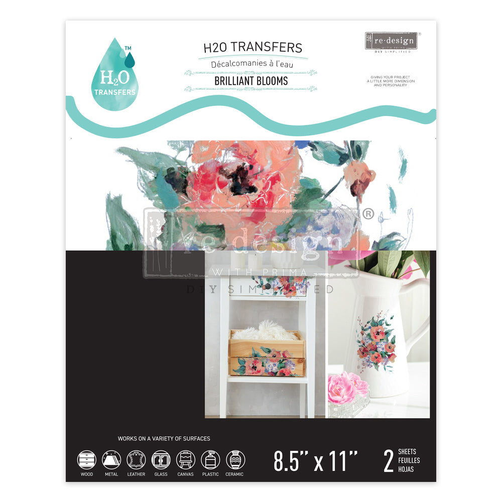 Redesign H20 Transfer - BRILLIANT BLOOMS (2 sheets, each 21.59cm x 27.94cm) - Rustic Farmhouse Charm