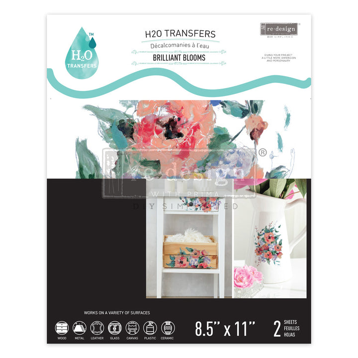 Redesign H20 Transfer - BRILLIANT BLOOMS (2 sheets, each 21.59cm x 27.94cm) - Rustic Farmhouse Charm