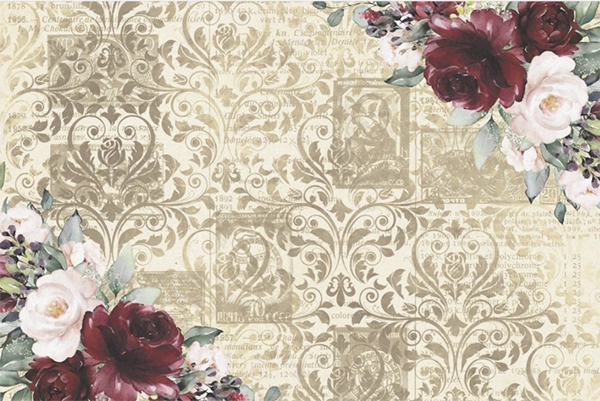 Decoupage Tissue Paper - Burgundy Roses on Damask Script (50.8cm x 76.2cm) - Rustic Farmhouse Charm
