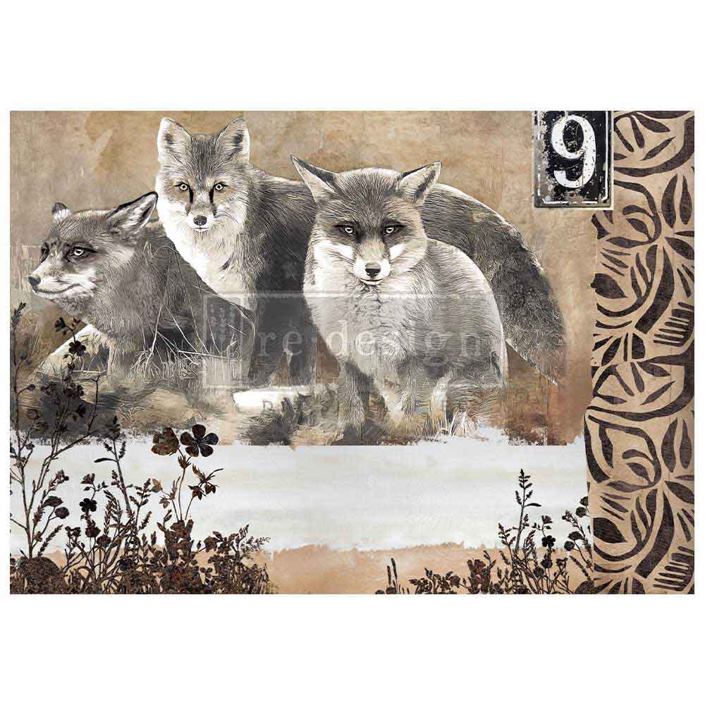 NEW! Redesign A1 Decoupage Fibre Paper - CALM FOXES (59.44cm x 84.07cm) - Rustic Farmhouse Charm