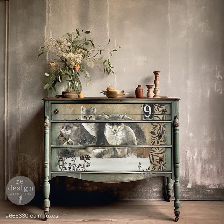 NEW! Redesign A1 Decoupage Fibre Paper - CALM FOXES (59.44cm x 84.07cm) - Rustic Farmhouse Charm