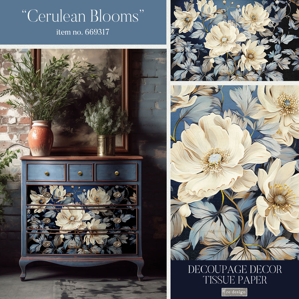 NEW! CERULEAN BLOOMS I Redesign Decoupage Tissue Paper (48.26cm x 76.2cm) - Rustic Farmhouse Charm