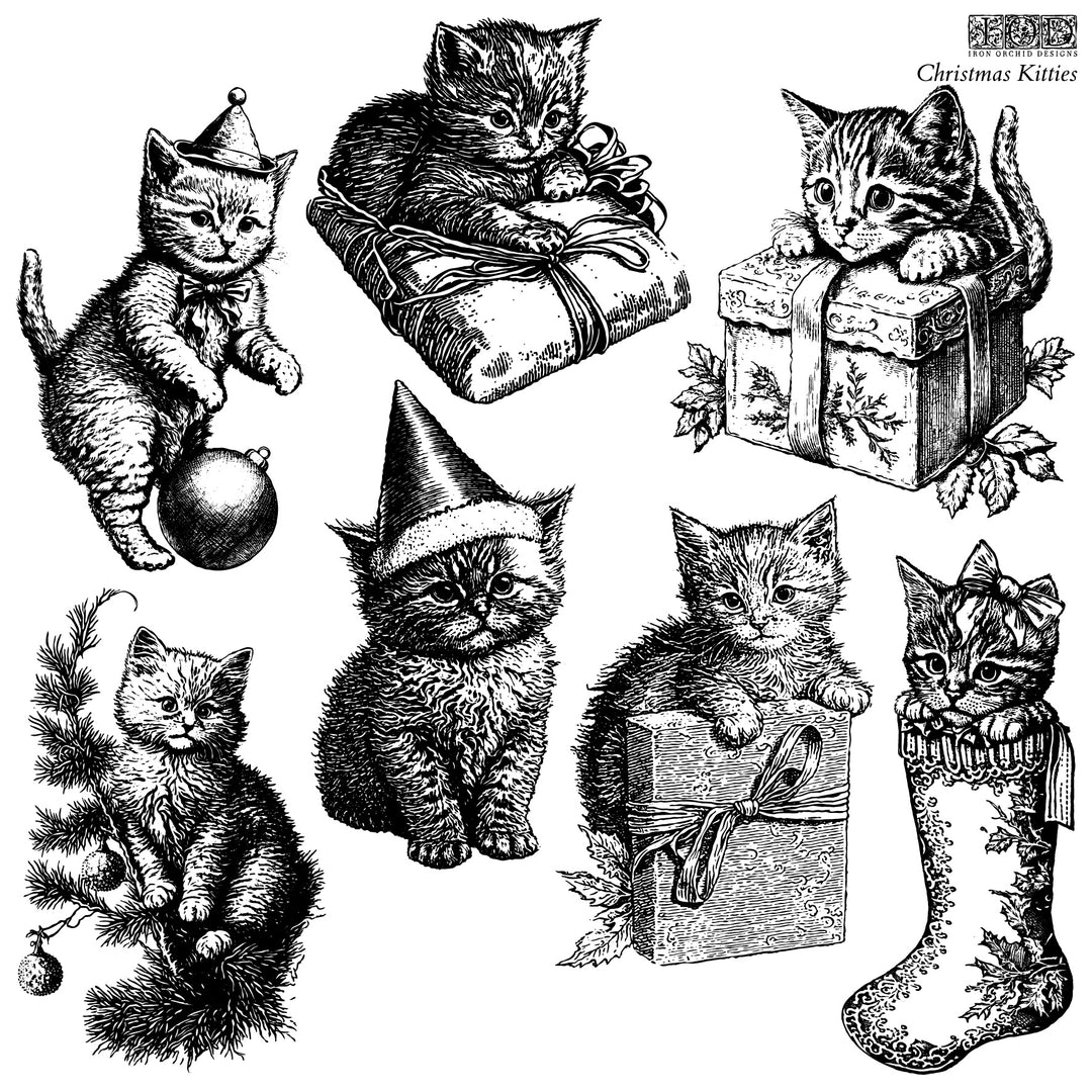 NEW! CHRISTMAS KITTIES Stamp by IOD (12"x12", 30.48cm x 30.48cm) - Rustic Farmhouse Charm