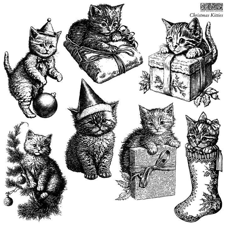 NEW! CHRISTMAS KITTIES Stamp by IOD (12"x12", 30.48cm x 30.48cm) - Rustic Farmhouse Charm