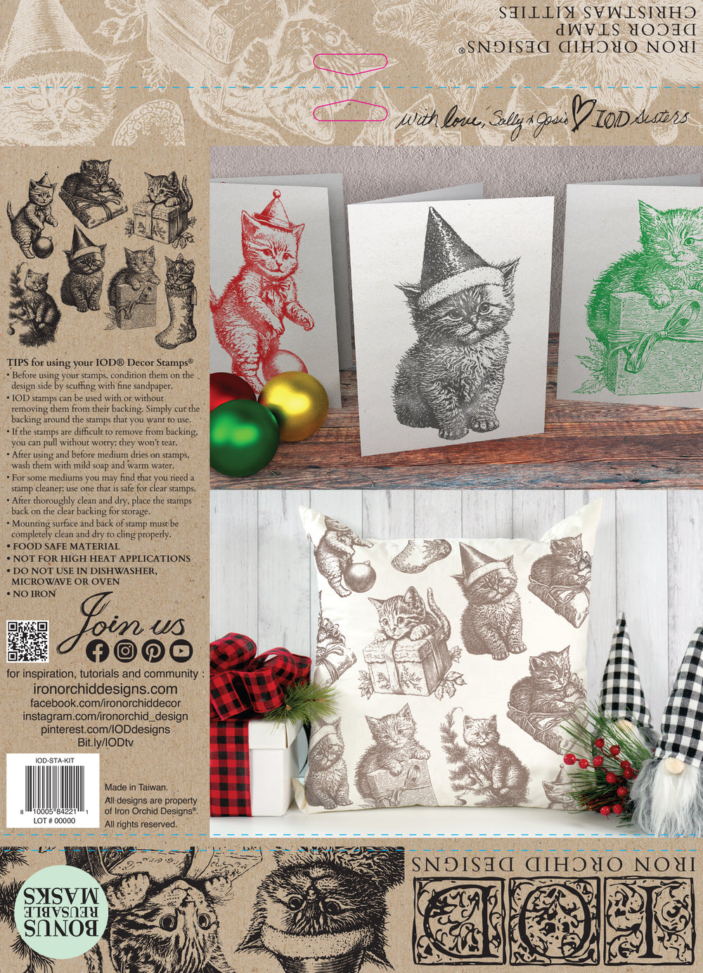 NEW! CHRISTMAS KITTIES Stamp by IOD (12"x12", 30.48cm x 30.48cm) - Rustic Farmhouse Charm