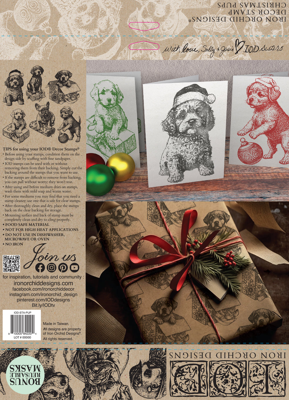 NEW! CHRISTMAS PUPS Stamp by IOD (12"x12", 30.48cm x 30.48cm) - Rustic Farmhouse Charm