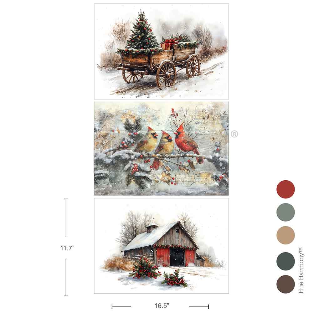 NEW! Redesign A3 Decoupage Fibre Paper Pack of 3 - CHRISTMAS IN THE COUNTRYSIDE (29.7cm x 41.9cm) - Rustic Farmhouse Charm