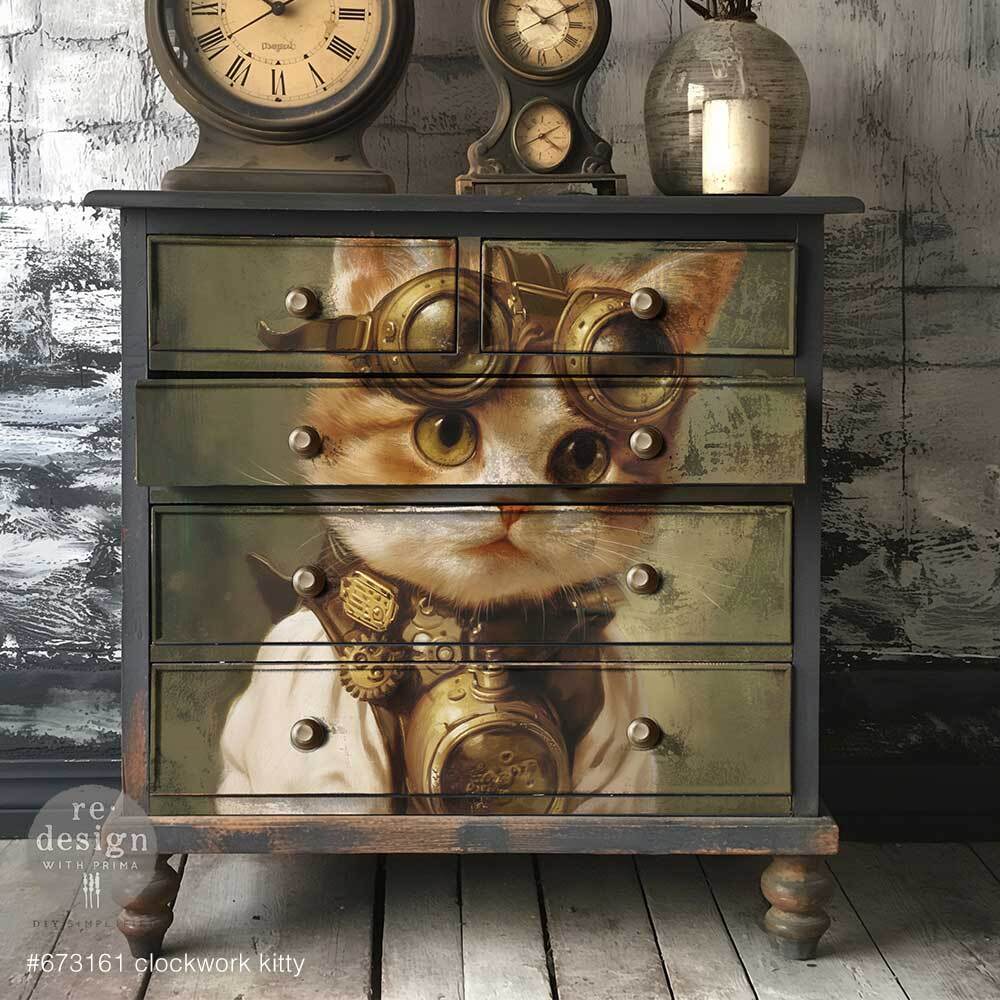 Redesign A1 Decoupage Fibre Paper - CLOCKWORK KITTY (59.44cm x 84.07cm) - Rustic Farmhouse Charm