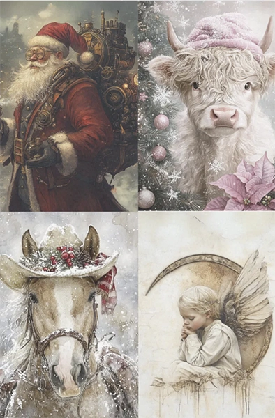 Decoupage Tissue Paper - Collage with Santa Horse Cow & Angel (50.8cm x 76.2cm) - Rustic Farmhouse Charm