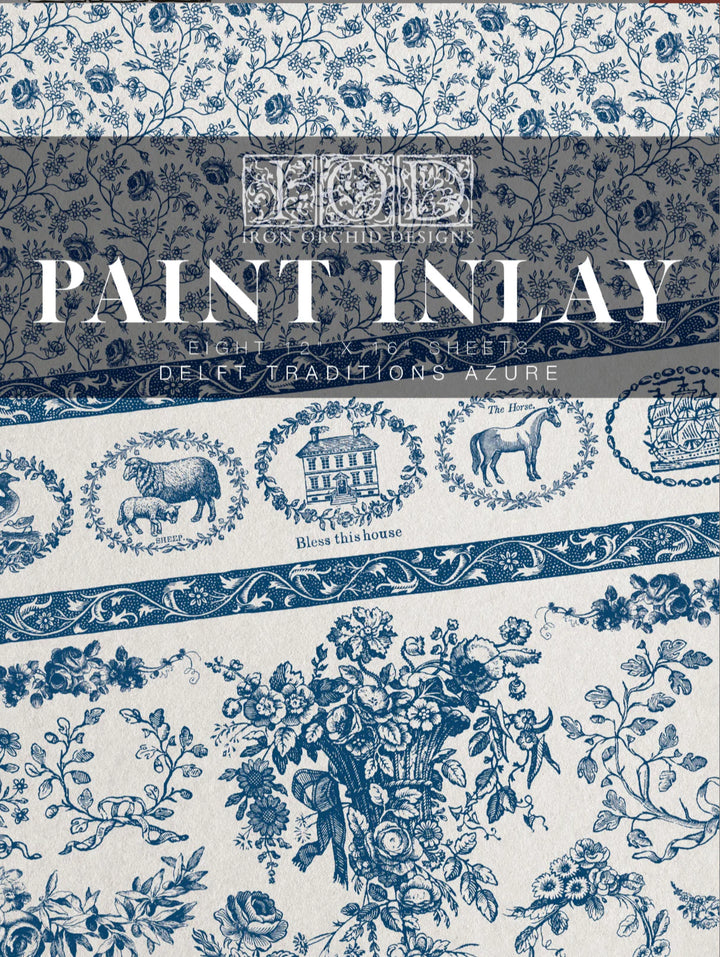IOD Paint Inlay - DELFT TRADITIONS AZURE (set of eight 12"x16" sheets) - Rustic Farmhouse Charm