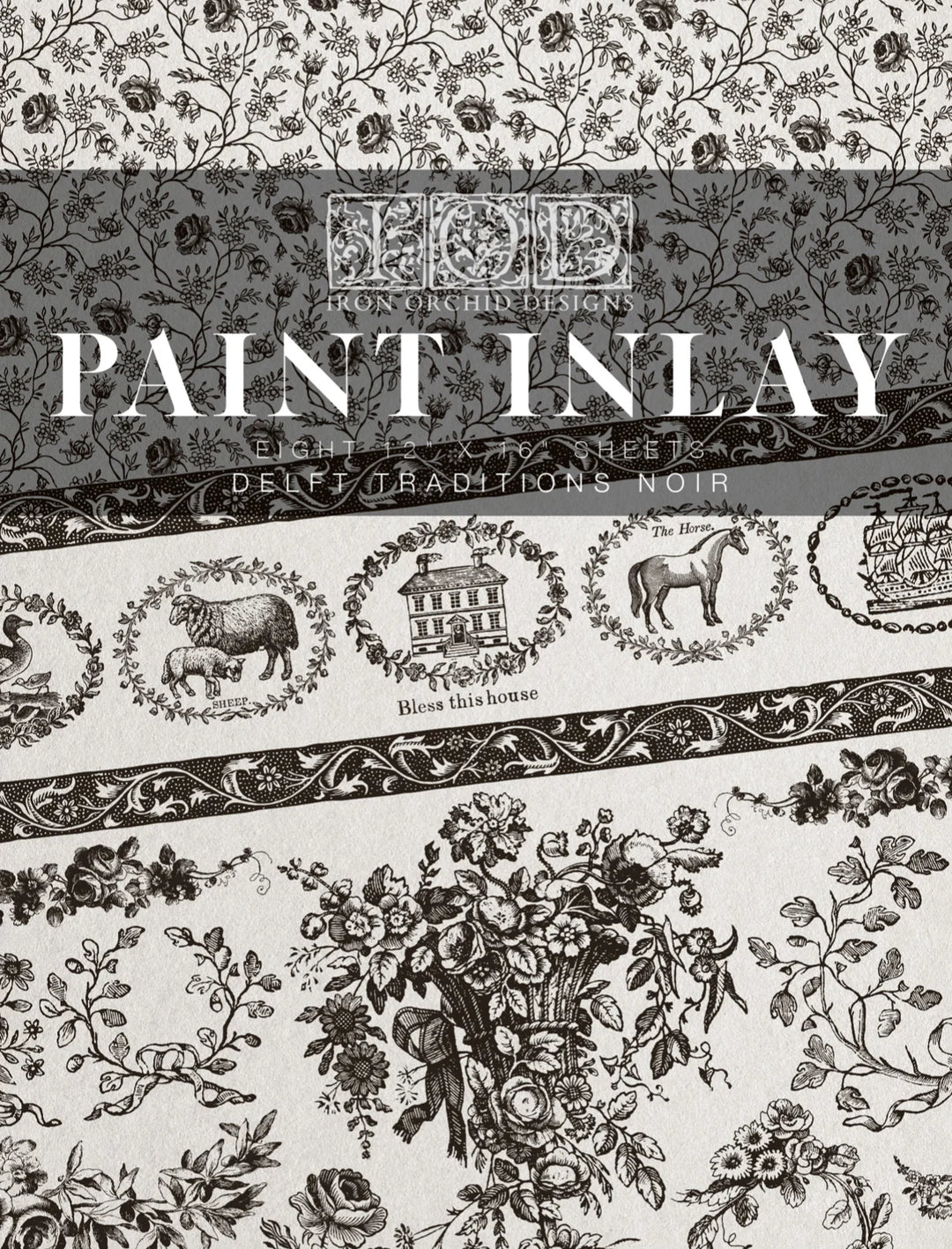 IOD Paint Inlay - DELFT TRADITIONS NOIR (set of eight 12"x16" sheets) - Rustic Farmhouse Charm
