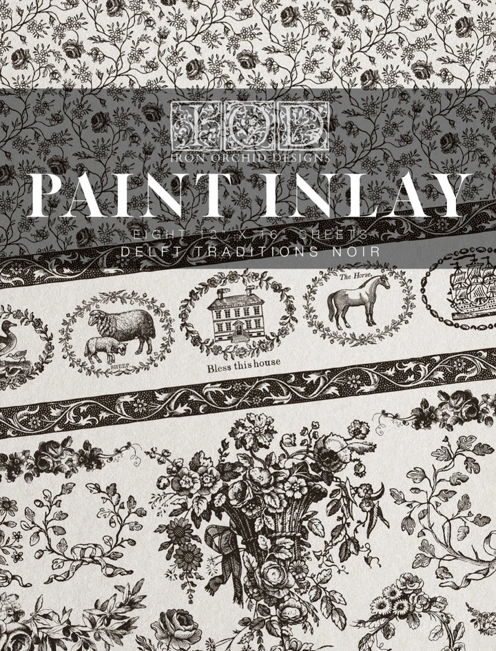 IOD Paint Inlay - DELFT TRADITIONS NOIR (set of eight 12"x16" sheets) - Rustic Farmhouse Charm