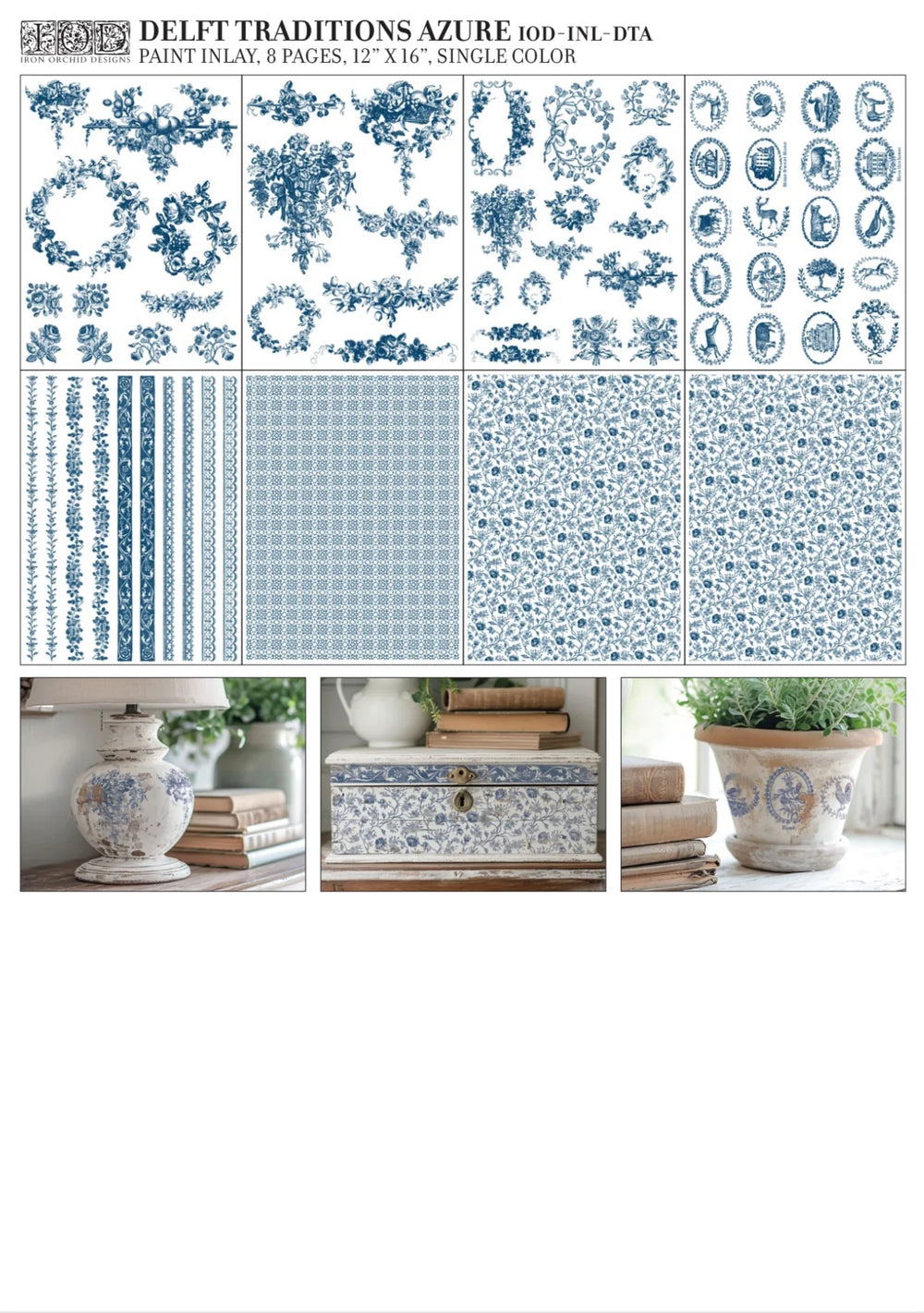 IOD Paint Inlay - DELFT TRADITIONS AZURE (set of eight 12"x16" sheets) - Rustic Farmhouse Charm