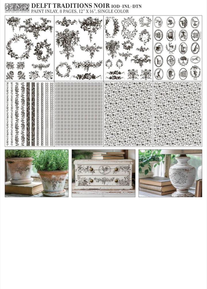 IOD Paint Inlay - DELFT TRADITIONS NOIR (set of eight 12"x16" sheets) - Rustic Farmhouse Charm