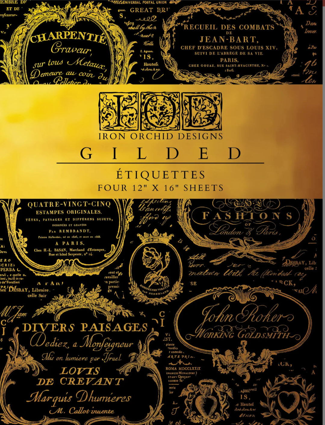 IOD Gold Gilded Transfer Pad - ETIQUETTES (set of four 12"x16" sheets) - Rustic Farmhouse Charm