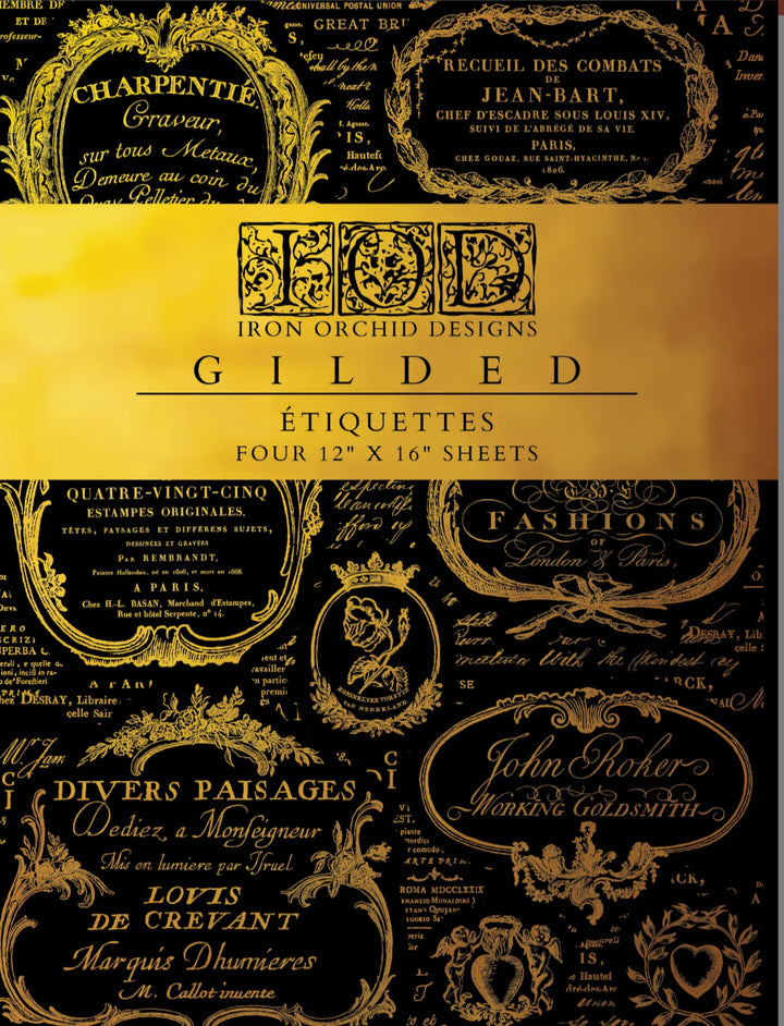IOD Gold Gilded Transfer Pad - ETIQUETTES (set of four 12"x16" sheets) - Rustic Farmhouse Charm