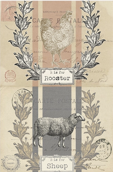 Decoupage Tissue Paper - Farmhouse Carte Postale Rooster & Sheep (50.8cm x 76.2cm) - Rustic Farmhouse Charm