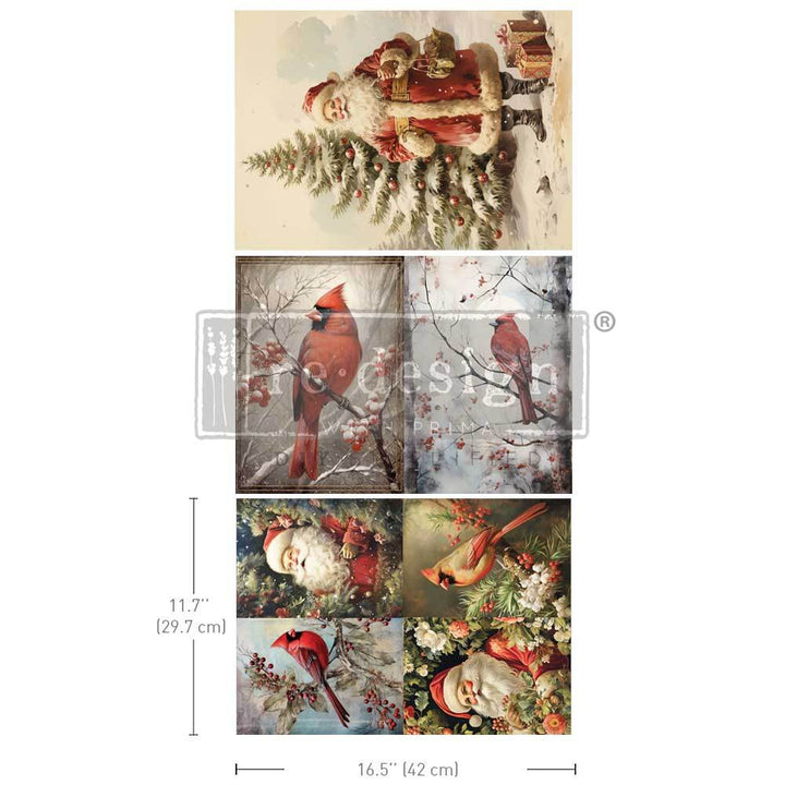 Redesign A3 Decoupage Fibre Paper Pack of 3 - FESTIVE CARDINAL (29.7cm x 41.9cm) - Rustic Farmhouse Charm
