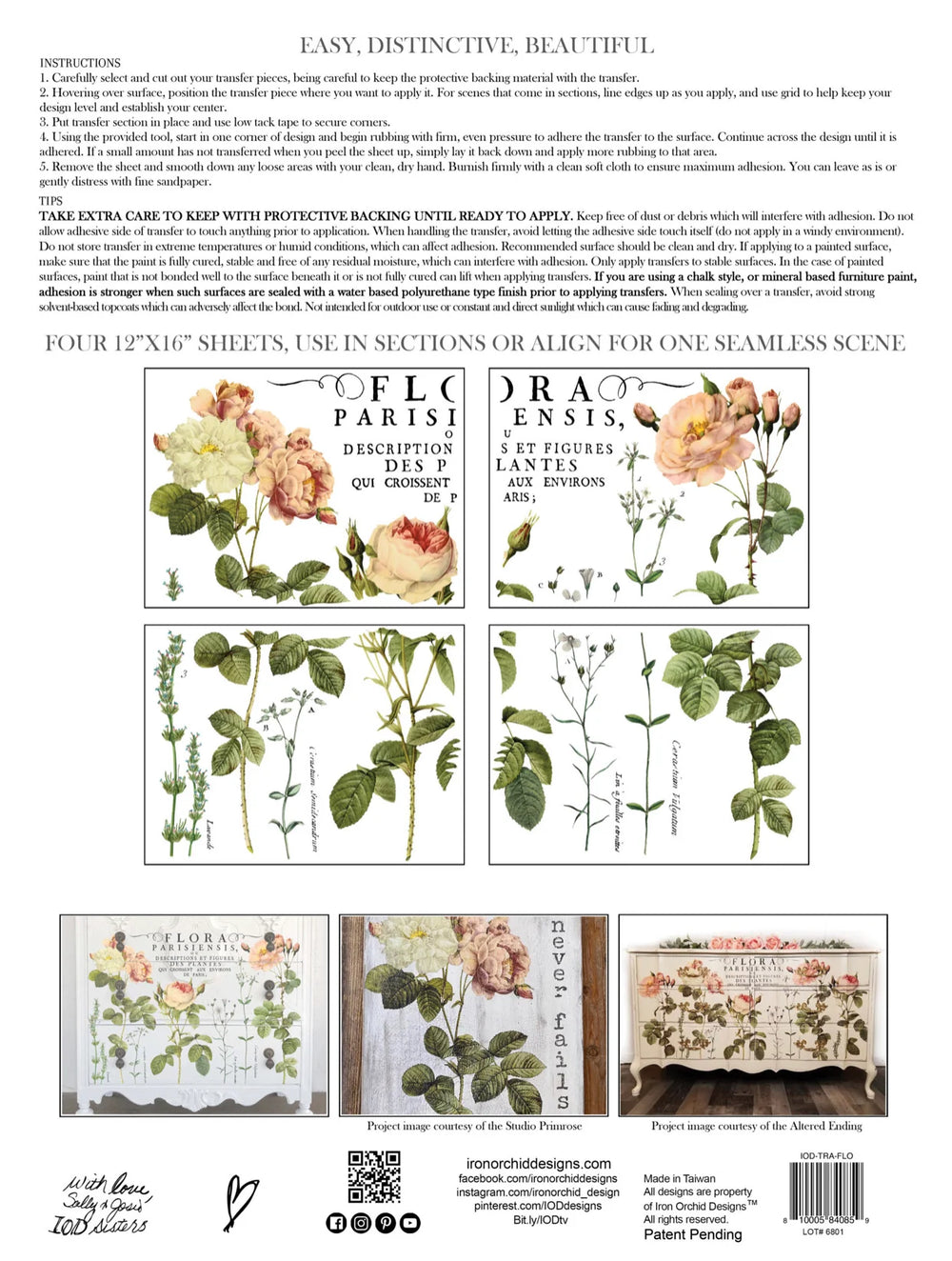 FLORA PARISIENSIS Transfer Pad by IOD (set of four 12"x16" sheets) - Rustic Farmhouse Charm