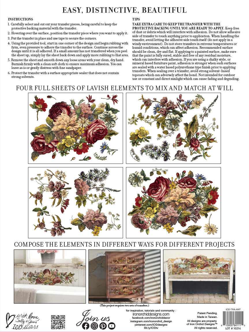 FLORAL ANTHOLOGY Transfer Pad by IOD (set of four 12"x16" sheets) - Rustic Farmhouse Charm