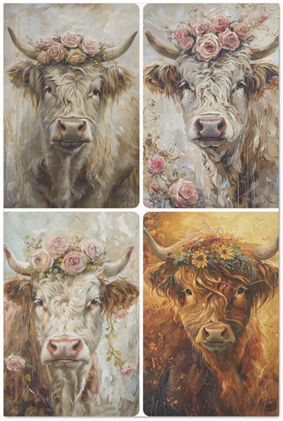 Decoupage Tissue Paper - Floral Highland Cows (50.8cm x 76.2cm) - Rustic Farmhouse Charm