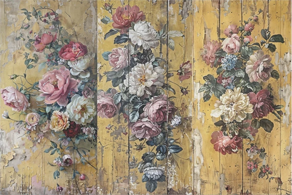 Decoupage Tissue Paper - Flowers on Old Yellow Wood Panels (50.8cm x 76.2cm) - Rustic Farmhouse Charm
