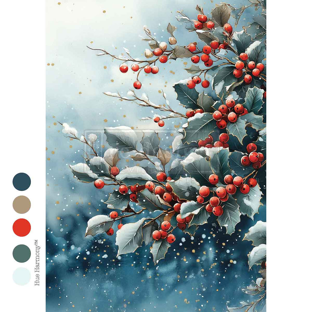 NEW! Redesign A4 Decoupage Fibre Paper - FROSTED BOUGHS & BERRIES - Rustic Farmhouse Charm