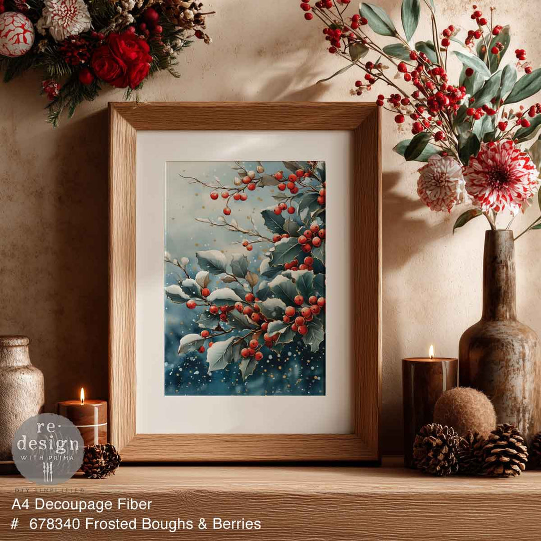 NEW! Redesign A4 Decoupage Fibre Paper - FROSTED BOUGHS & BERRIES - Rustic Farmhouse Charm