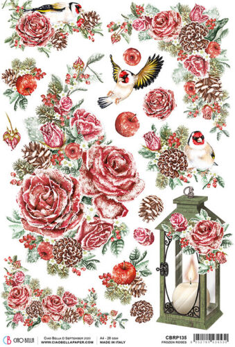 Ciao Bella Rice Paper - FROZEN ROSES (A4) - Rustic Farmhouse Charm