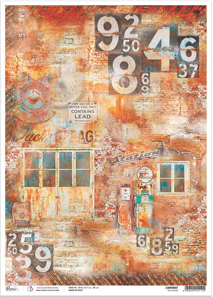 Ciao Bella Rice Paper Decoupage - GAS STATION (A3) - Rustic Farmhouse Charm