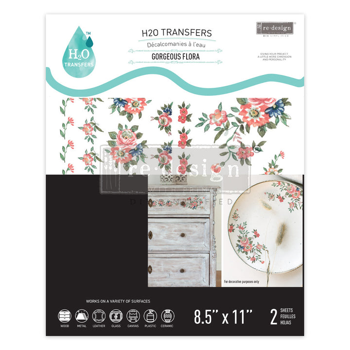 Redesign H20 Transfer - GORGEOUS FLORA (2 sheets, each 21.59cm x 27.94cm) - Rustic Farmhouse Charm