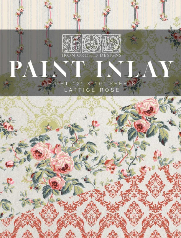 NEW! LATTICE ROSE Paint Inlay by IOD (set of eight 12"x16" sheets) - Rustic Farmhouse Charm