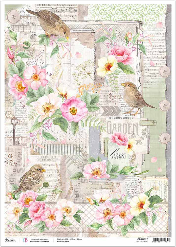 Ciao Bella Rice Paper Decoupage - LOVE LIVES HERE (A3) - Rustic Farmhouse Charm