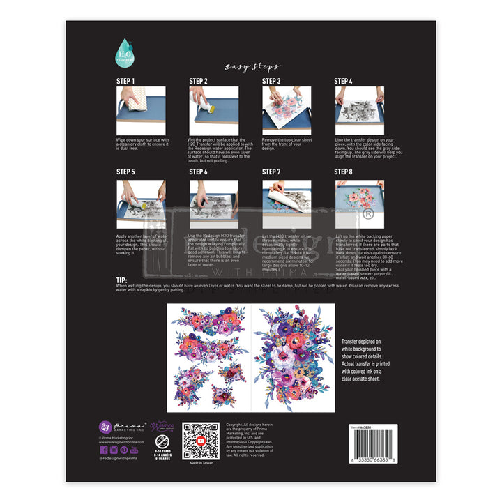 Redesign H20 Transfer - LUMINOUS BLOOMS (2 sheets, each 21.59cm x 27.94cm) - Rustic Farmhouse Charm