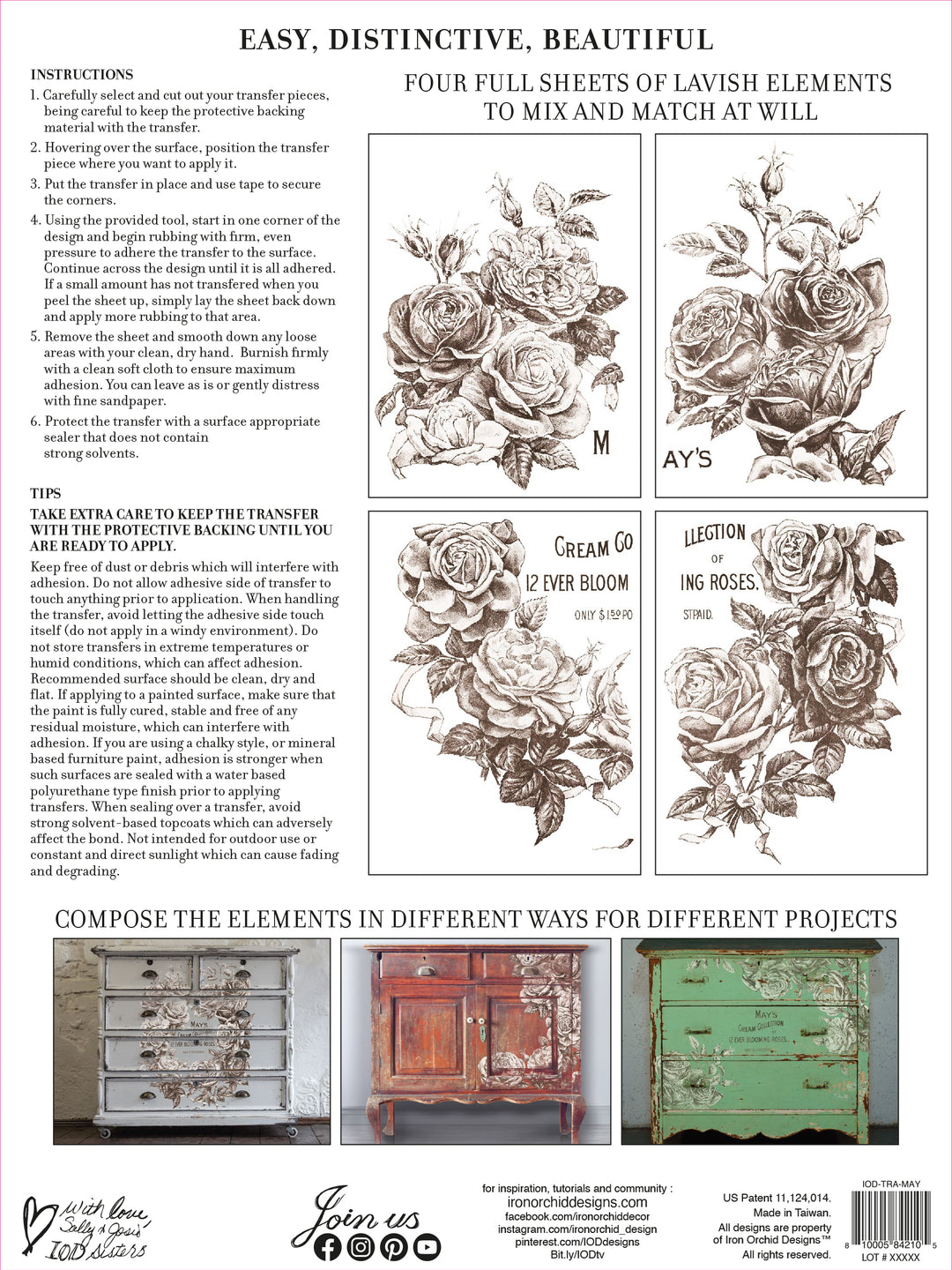 MAY'S ROSES Transfer Pad by IOD (set of four 12"x16" sheets) - Rustic Farmhouse Charm