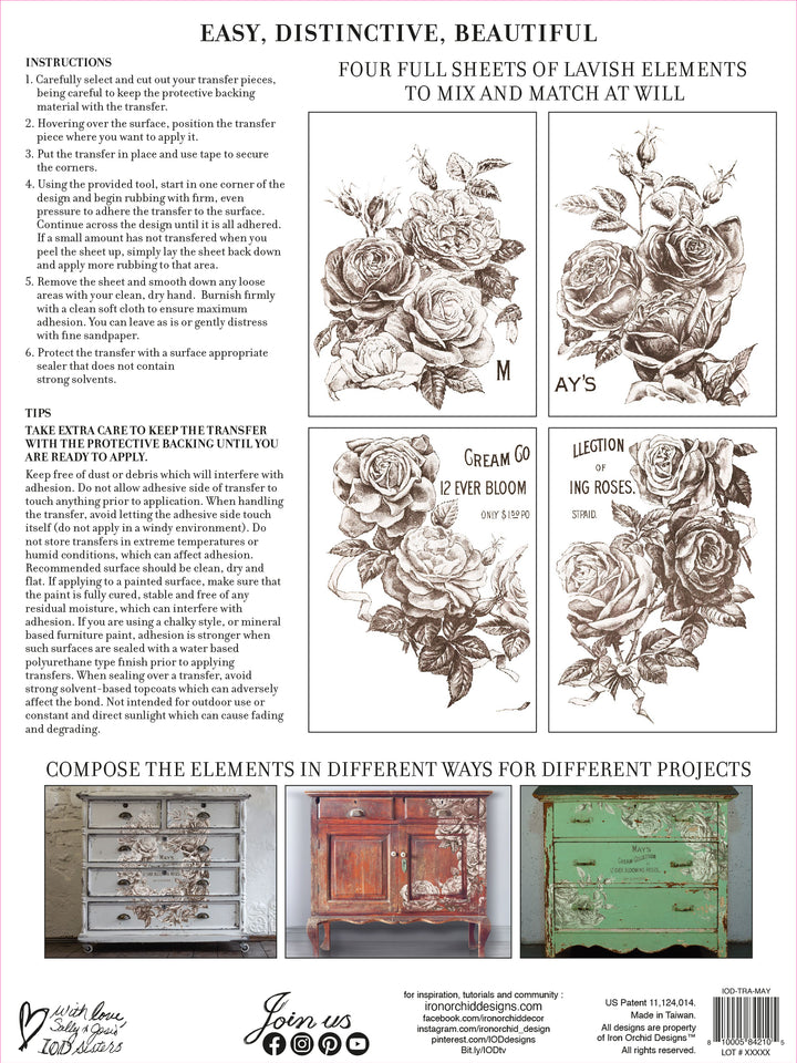 MAY'S ROSES Transfer Pad by IOD (set of four 12"x16" sheets) - Rustic Farmhouse Charm