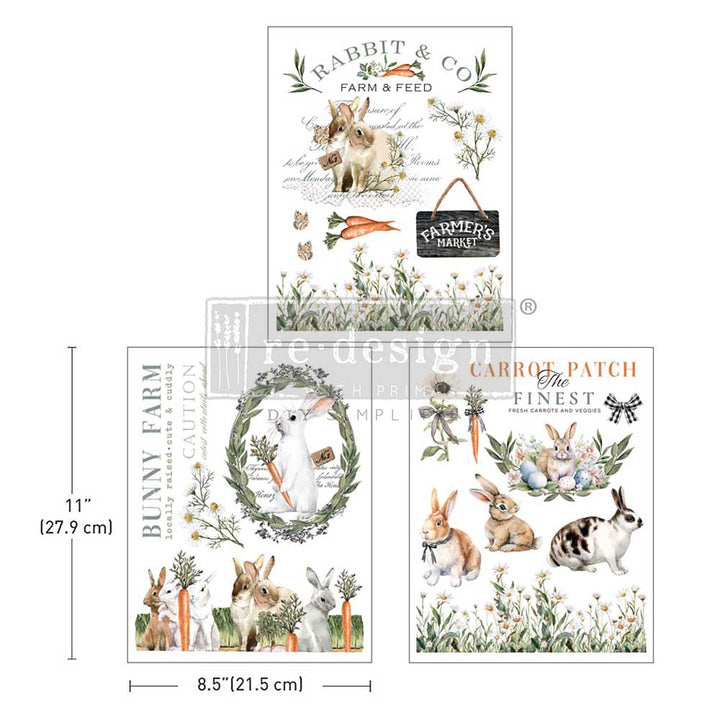 NEW! Redesign Middy Transfer - BLOSSOM BUNNIES (3 sheets, each 21.59cm x 27.94cm) - Rustic Farmhouse Charm