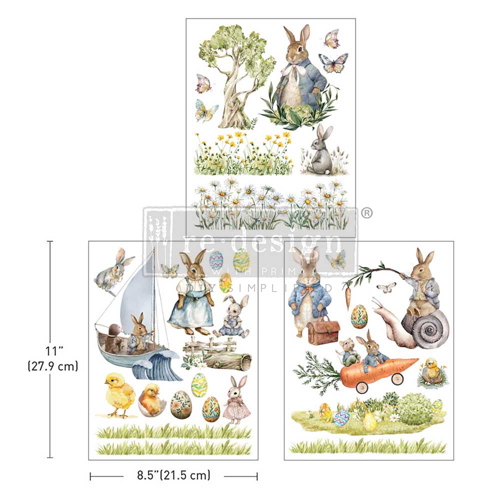 NEW! Redesign Middy Transfer - BUNNY TRAILS (3 sheets, each 21.59cm x 27.94cm) - Rustic Farmhouse Charm