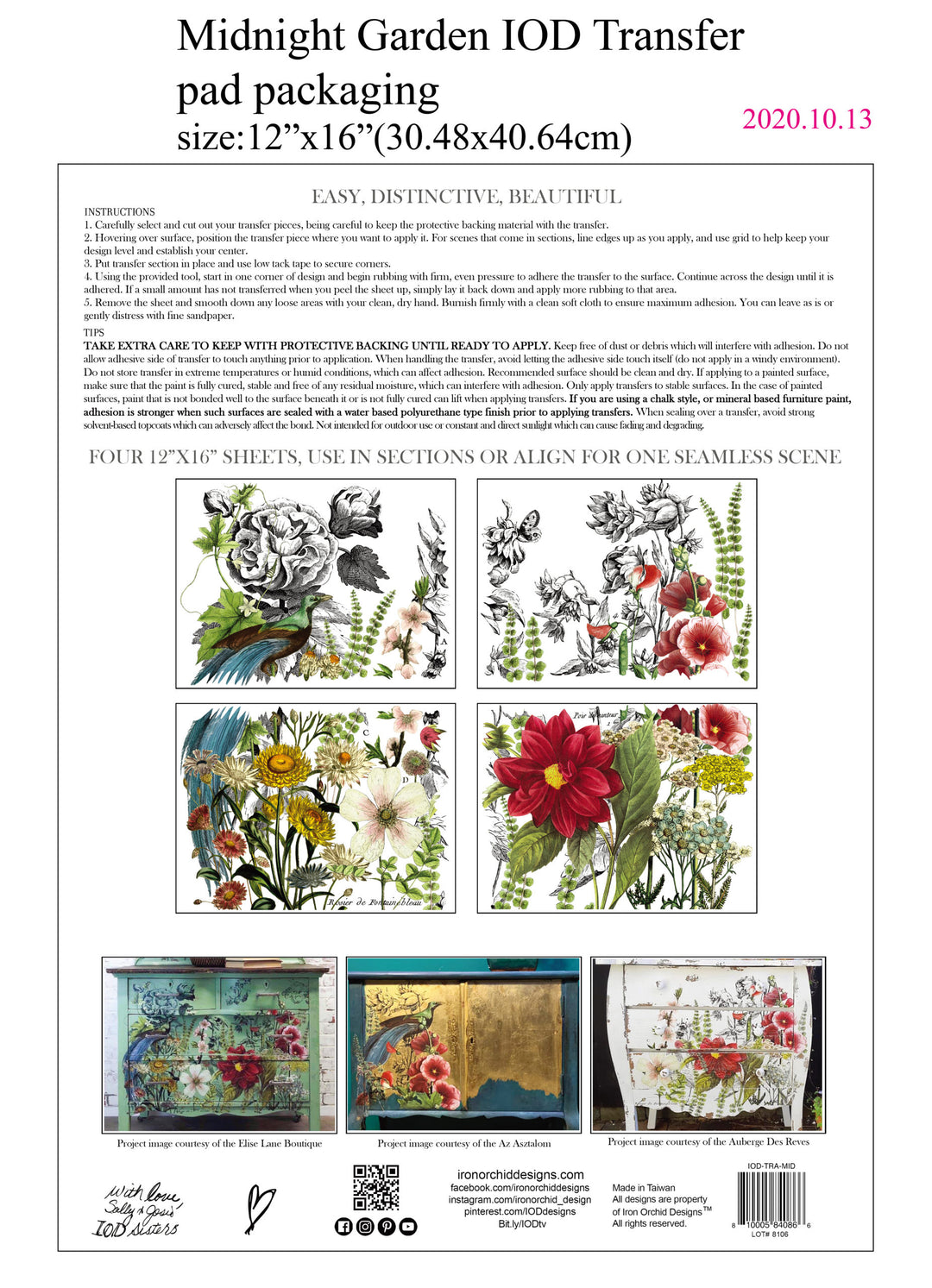 MIDNIGHT GARDEN Transfer Pad by IOD (set of four 12"x16" sheets) - Rustic Farmhouse Charm